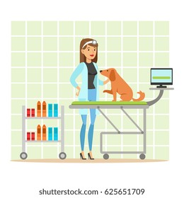 Cheerful veterinary doctor examining dog in vet clinic. Colorful cartoon character Illustration