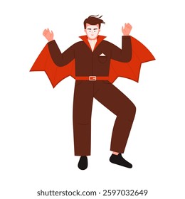 A cheerful and vibrant cartoon character dressed in a brown outfit and a striking red cape strikes a playful pose