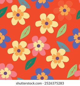 A cheerful and vibrant floral pattern featuring colorful flowers and leaves, perfect for adding a touch of springtime joy to your designs. This playful and energetic pattern is ideal for fabric.