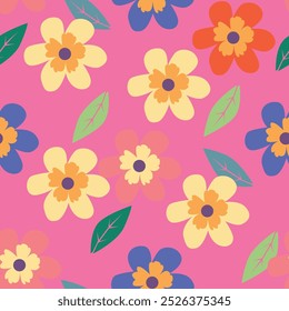 A cheerful and vibrant floral pattern featuring colorful flowers and leaves, perfect for This playful and energetic pattern is ideal for fabric.