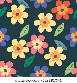 A cheerful and vibrant floral pattern featuring colorful flowers and leaves, perfect for This playful and energetic pattern is ideal for fabric.