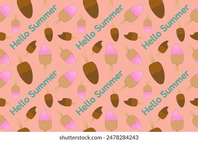 Un patrón alegre y vibrante con coloridas paletas de helado esquimal con texto Hello Summer. Fondo rosa. Perfecto para diseños de verano.