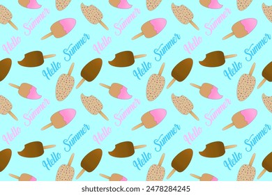 Un patrón alegre y vibrante con coloridas paletas de helado esquimal con texto Hello Summer. Fondo azul. Perfecto para diseños de verano.