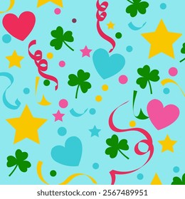 A cheerful and vibrant pattern featuring colorful hearts, stars, shamrocks, and confetti, perfect for celebrating any occasion.