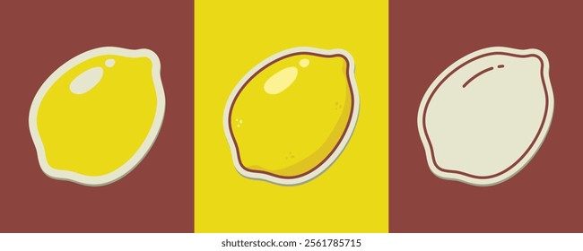 A cheerful and vibrant vector illustration of a lemon fruit with three different design style, perfect for branding, print, food-related projects, and summer designs. 