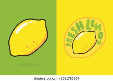 A cheerful and vibrant vector illustration of a lemon fruit, perfect for branding, food-related projects, and summer designs. Includes a single lemon and a vintage-style lemonade label.