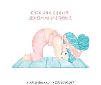  A cheerful and vibrant watercolor cartoon of a cute girl doing a downward dog yoga pose. Perfect for yoga lovers, fitness enthusiasts, and anyone who enjoys colorful and inspiring artwork.