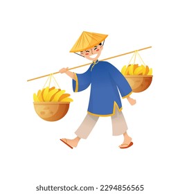 Cheerful Vietnamese guy. Cartoon illustration of a man in a conical straw hat carrying baskets with bananas on a pole isolated on a white background. Vector 10 EPS.