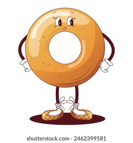 Cheerful vintage style bagel for bakery design. Donut in a modern style with hands and legs. Groovy style bakery illustration for a bakery.