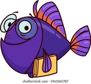 cheerful violet fish with glasses and a yellow book