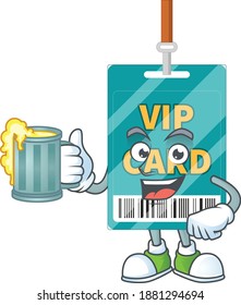 A cheerful VIP pass card cartoon mascot style toast with a glass of beer. Vector illustration