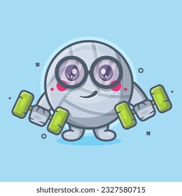 cheerful volleyball ball character mascot doing bodybuilding using dumbbell isolated cartoon in flat style design