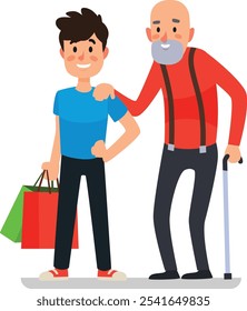 Cheerful volunteer assists an elderly man with shopping, demonstrating compassion and unity. The photo emphasizes the value of social support, independence, and honoring the elderly