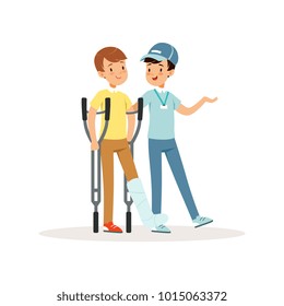 Cheerful volunteer helping boy with crutches. Leg in plaster. Social help. Activist in blue cap, t-shirt and jeans. Cartoon teenagers character. Flat vector design