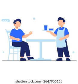 A cheerful waiter serves drinks to a customer, creating a warm and inviting dining atmosphere in a casual restaurant