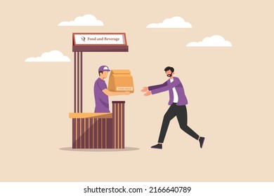 Cheerful waitress give a paper bag with take away food to customer. Take away and service concept. Colored flat graphic vector illustration.