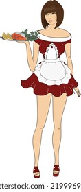 Cheerful waitress holds a dish with salmon slices, lemon slices and parsley