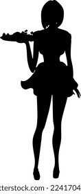 Cheerful waitress holds a dish with salmon slices, lemon slices and parsley.  Silhouette