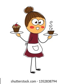 Cheerful waitress offers coffee and chocolate muffin. Vector illustration.   