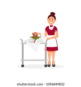 Cheerful waitress pushing trolley with breakfast for hotel guest. Room service. Flat vector design