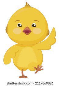 Cheerful Walking Yellow Chicken. Funny Bird With Pink Cheeks And Big Eyes Isolated On White Background.