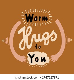 Cheerful warm virtual hugs greeting card template background. Paper cut out hand drawn bring collage lettering social media note card. Heartfelt thinking of you  sentiment. Isolated vector 