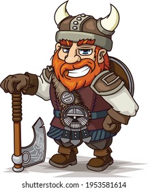 cheerful warrior with an ax stands and smiles