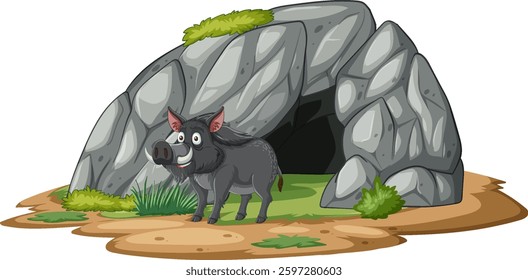 A cheerful warthog stands in front of a rocky cave, surrounded by greenery, in a vibrant vector illustration