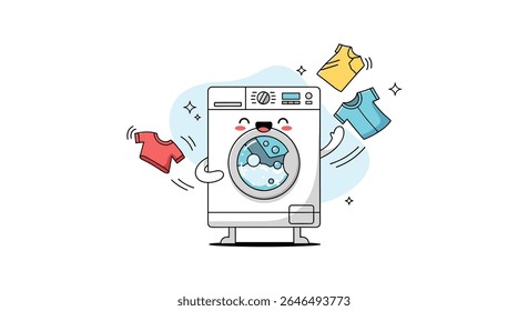 Cheerful washing machine vector design with clothes for laundry related works projects