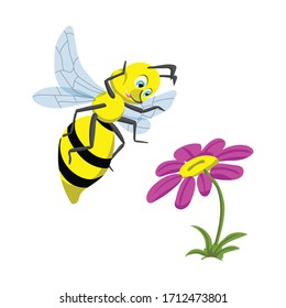 A cheerful wasp is happy to find a flower. Children's illustration in cartoon style.