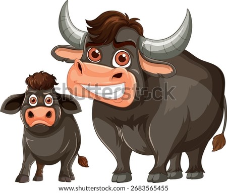 Cheerful water buffalo and calf vector with bold outlines, brown tones, and expressive faces.