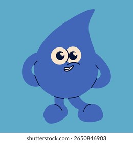 A cheerful water droplet with big eyes and a friendly smile, featuring bright blue colors and playful expression