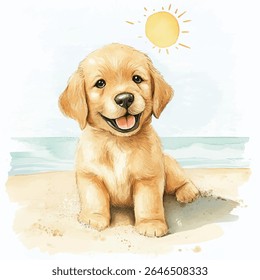A cheerful watercolor illustration of a golden retriever puppy sitting on a sandy beach, smiling with its tongue out, under a bright sun.