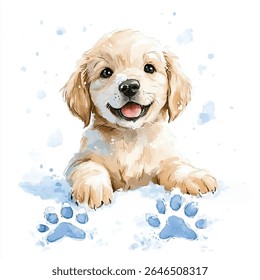 A cheerful watercolor painting of a golden retriever puppy with a happy expression, surrounded by snow and paw prints.