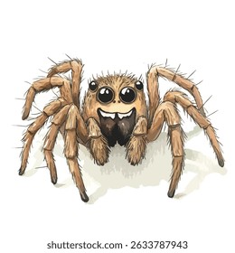 A cheerful, watercolor-style spider with a big smile, large eyes, and hairy legs, facing the viewer.