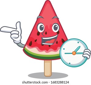 Cheerful watermelon ice cream cartoon character style with clock