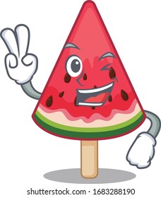 Cheerful watermelon ice creammascot design with two fingers