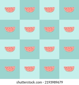 Cheerful watermelon pattern on a checkered background. Pattern for textiles, fabrics, wallpapers, napkins, wrapping paper, clothes.