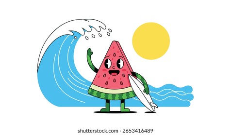 Um personagem alegre de fatia de melancia montando uma prancha de surfe em uma grande onda azul sob um sol amarelo brilhante desfrutando de um dia de verão