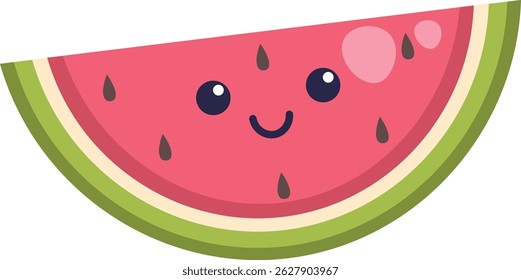 A cheerful watermelon slice with a cute face and seeds in a playful style. The fruit wedge features a happy expression and glossy highlights. Cartoon vector illustration.