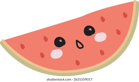 A cheerful watermelon slice with a cute face in cartoon style. The fruit piece features expressive eyes and a small mouth. Cartoon vector illustration.