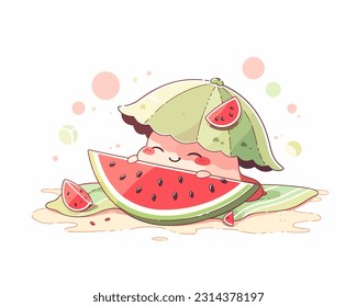 A cheerful watermelon slice enjoying a day at the beach