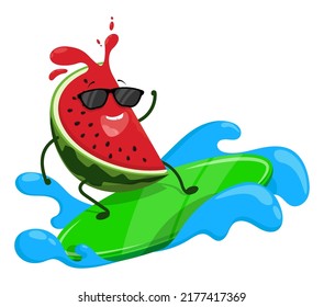 Cheerful watermelon slice surfs on wave with surfboard. Delicious and wholesome foods, vegetables and fruits. Healthy lifestyle. Cartoon vector isolated on white background