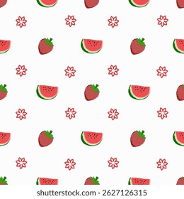 Melancia alegre e padrão de morango: um doce design repetido com fatias de frutas e bagas com sotaques florais vermelhos no branco