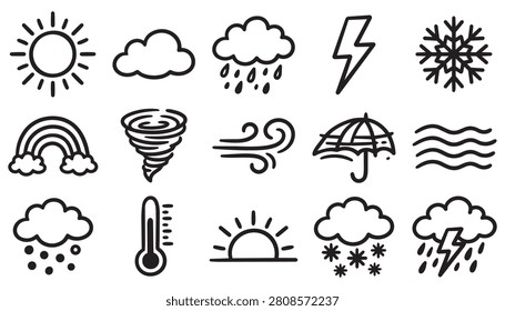 A cheerful weather doodle icon set in hand-drawn black and white style, featuring suns, clouds, rain, snow, lightning, umbrellas, and seasonal weather symbols. Great for weather app design, nature journal illustration, kids activity books, greeting card decoration, and outdoor lifestyle stationery design.