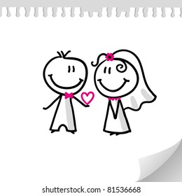 cheerful wedding couple on realistic paper sheet