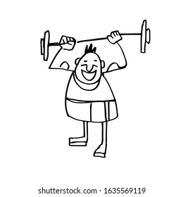 Cheerful weightlifter. Sport helps to lift your mood. Cartoon character drawn by hand. Doodle illustration. Vector