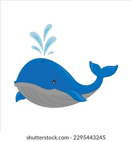 Cheerful whale in cartoon style. Whale isolated on white background. Design blank.