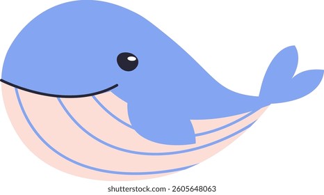 A cheerful whale with a rounded body and a big smile drawn in a simple style. The whale's smooth curves and minimalistic features create a playful appearance. Cartoon vector illustration.