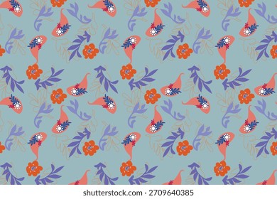 A cheerful, whimsical autumnal pattern featuring stylized abstract paisley, leaf shapes, and flowing doodle elements on a soft blue background.